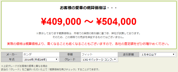 ナビクル車査定 フィットの査定結果